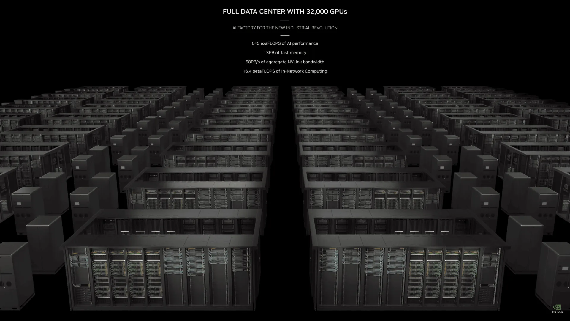 Rows of NVIDIA server racks in a large-scale AI Factory