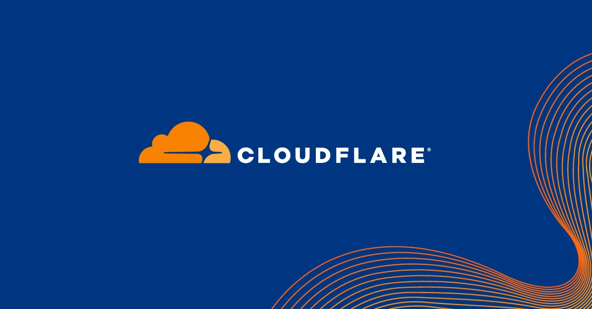 Orange and white Cloudflare logo on a blue background
