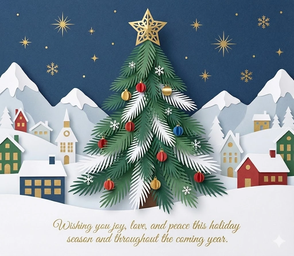 Christmas tree in a snowy village with a holiday greeting