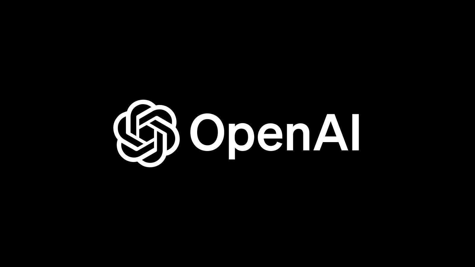 White OpenAI symbol and wordmark on a black background
