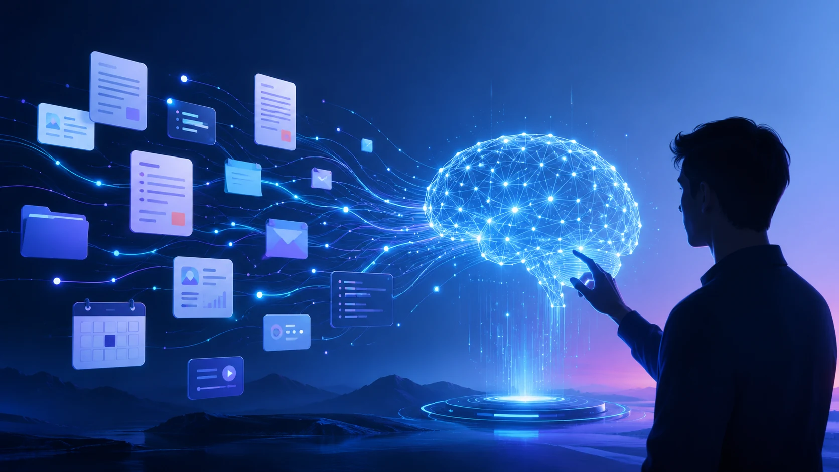 Illustration of a digital brain connecting documents, email, and information with a user